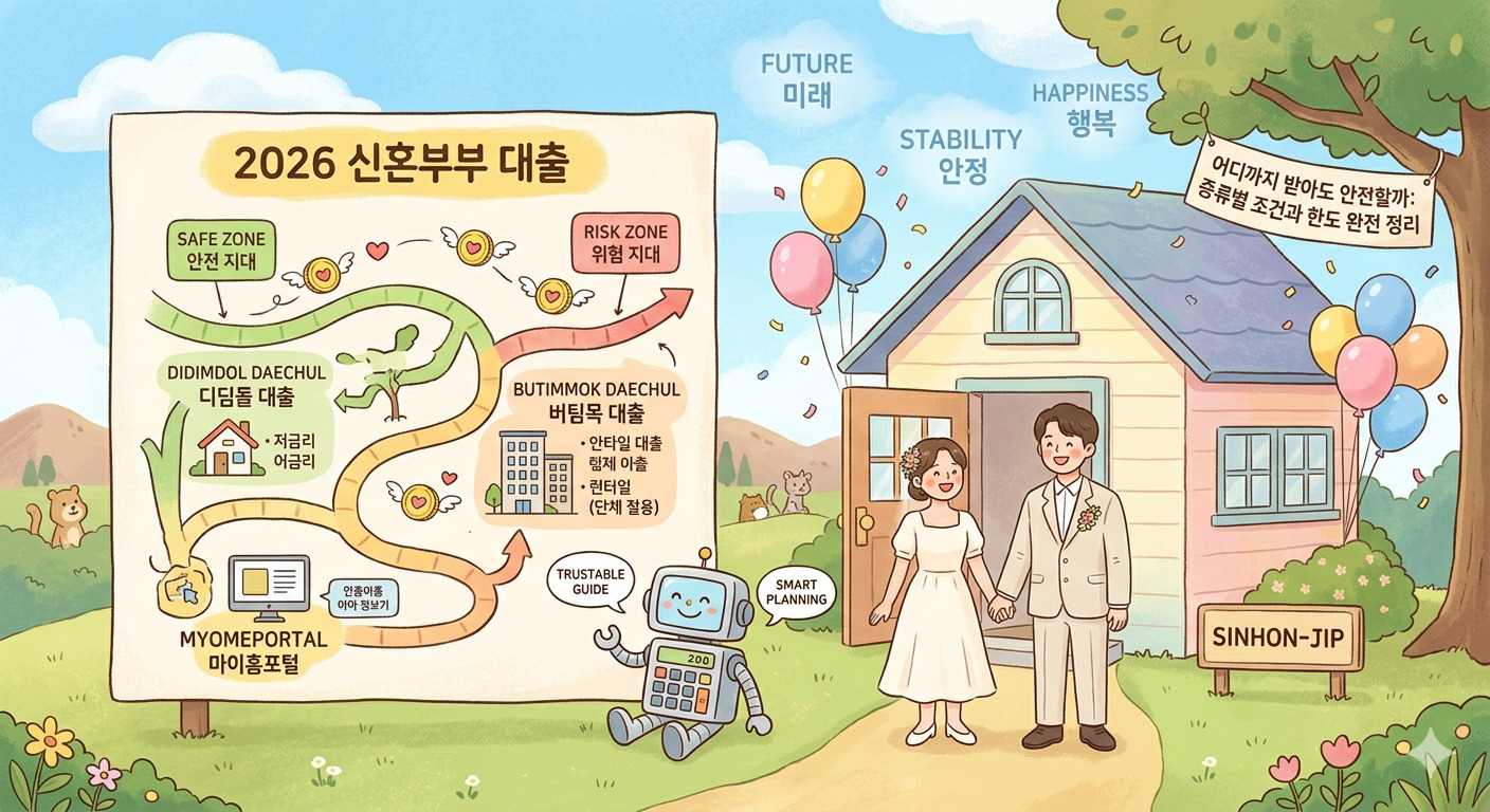 "2026 신혼부부 대출"에 관한 상세 정보를 담은 동화풍의 일러스트레이션입니다. 그림의 왼쪽에는 커다란 안내판이 있으며, '안전 지대'와 '위험 지대'를 구분하는 지도와 함께 '디딤돌 대출' 및 '버팀목 대출'의 조건과 혜택이 한국어와 영어로 표기되어 있습니다. 안내판 앞에는 계산기 모양을 한 로봇 가이드가 서 있습니다. 그림의 오른쪽에는 작은 '신혼집' 앞에 결혼 예복을 입은 신혼부부가 손을 잡고 행복하게 서 있습니다. 그들의 머리 위로는 '미래', '안정', '행복'과 같은 단어들이 구름과 함께 떠다니며 밝은 분위기를 조성합니다. 나뭇가지에는 "어디까지 받아도 안전할까: 종류별 조건과 한도 완전 정리"라는 글귀가 적힌 배너가 걸려 있습니다. 따뜻하고 부드러운 색감으로 표현되어 전반적으로 희망차고 정보가 가득한 느낌을 줍니다.