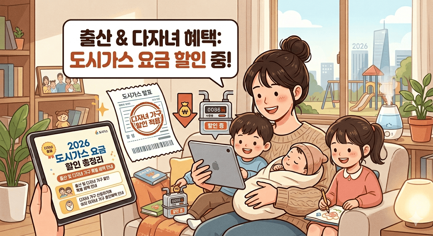 2026년 다자녀 및 출산 가구 대상 가스요금 할인 혜택을 소개하는 따뜻한 분위기의 일러스트입니다. 거실 소파에 앉아 세 아이와 함께 태블릿으로 정보를 확인하는 엄마의 모습과 함께, '할인 적용' 도장이 찍힌 도시가스 고지서와 요금이 절감되는 계량기 이미지가 배치되어 있습니다. 상단에는 "출산 & 다자녀 혜택: 가스요금 할인 중!"이라는 문구가 강조되어 있어 생활 밀착형 지원 정보를 한눈에 보여줍니다.