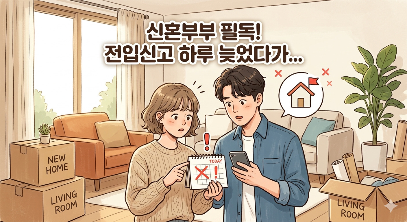 신혼집 거실에서 이삿짐 상자에 둘러싸인 신혼부부가 당황한 표정으로 달력을 확인하고 있는 일러스트입니다. 달력에는 오늘 날짜에 X 표시와 느낌표가 그려져 있어 전입신고가 늦었음을 암시합니다. 상단에는 '신혼부부 필독! 전입신고 하루 늦었다가...'라는 문구가 적혀 있어, 전입신고의 중요성과 시기를 놓쳤을 때의 긴박함을 시각적으로 전달합니다.