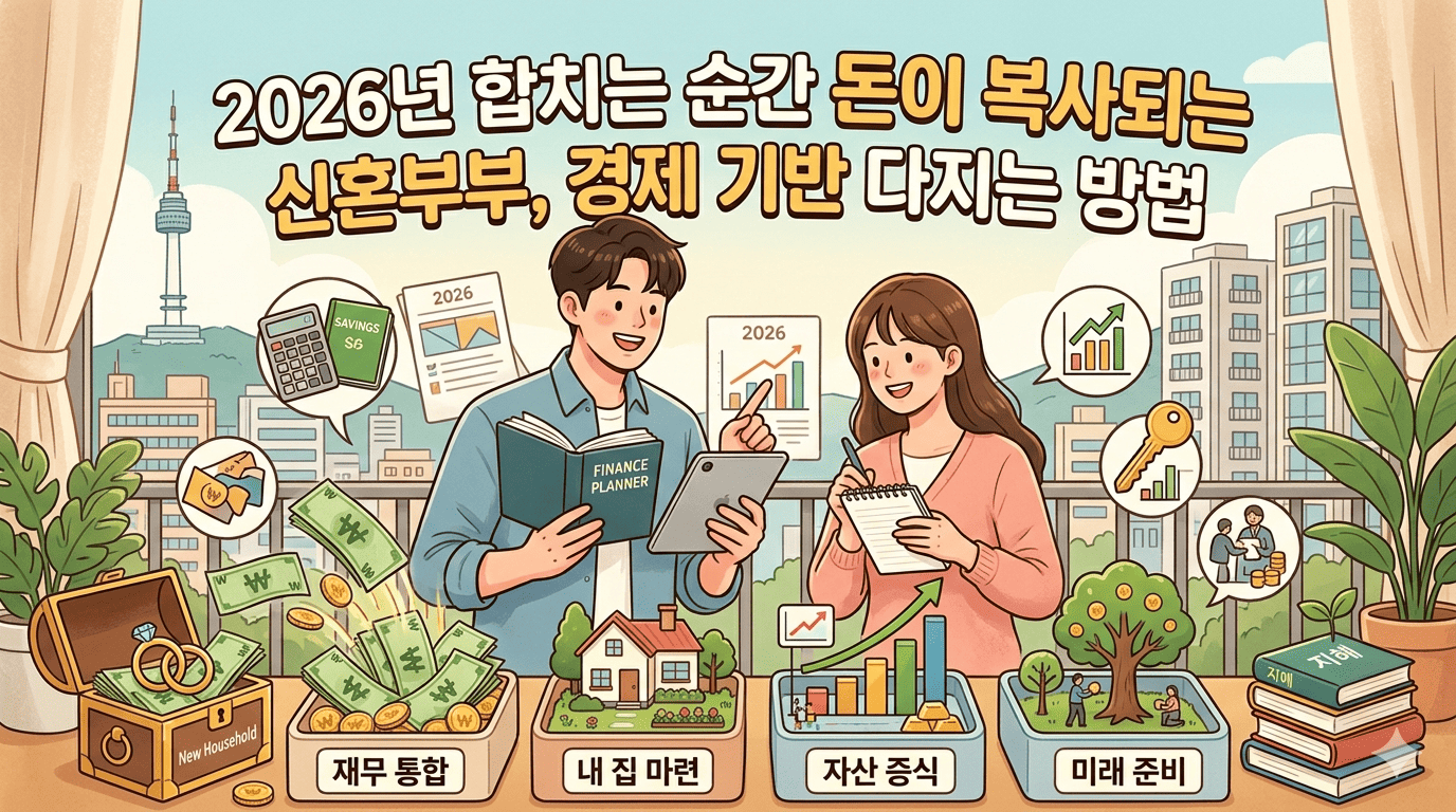 2026년 신혼부부를 위한 효율적인 자산 관리와 재무 전략을 보여주는 따뜻한 분위기의 일러스트 이미지입니다. 상단에는 "2026년 합치는 순간 돈이 복사되는 신혼부부, 경제 기반 다지는 방법"이라는 제목이 크게 적혀 있습니다. 이미지 중앙에는 밝은 표정의 젊은 신혼부부가 함께 앉아 재무 계획을 세우고 있습니다. 남편은 'FINANCE PLANNER'라고 적힌 책과 태블릿 PC를 보며 설명하고 있고, 아내는 수첩에 내용을 기록하며 경청하고 있습니다. 부부의 머리 위로는 계산기, 저축 통장, 2026년 재무 그래프 아이콘들이 말풍선으로 떠 있어 체계적인 준비 과정을 보여줍니다. 부부 앞의 테이블에는 신혼부부의 경제 기반을 다지기 위한 4가지 핵심 단계가 상자 안에 입체적으로 표현되어 있습니다. 재무 통합: 보물상자와 돈이 쌓이는 모습 내 집 마련: 예쁜 집 모형 자산 증식: 우상향하는 막대그래프와 황금바 미래 준비: 돈나무를 가꾸는 모습 배경으로는 남산서울타워가 보이는 서울의 전경과 아파트 단지들이 펼쳐져 있어, 신혼부부가 꿈꾸는 안정적인 주거 환경과 풍요로운 미래를 시각적으로 강조하고 있습니다.