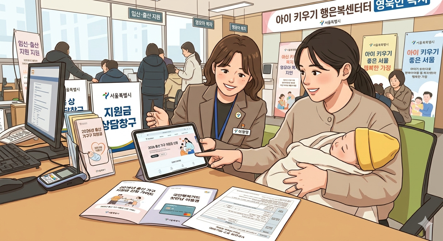 따뜻하고 밝은 분위기의 일러스트로 표현된 지원금 상담 현장. 아이를 품에 안은 엄마가 상담원의 설명을 들으며 부모급여와 아동수당 등 2026년 출산 지원금 정보를 태블릿 화면으로 살펴보고 있다.