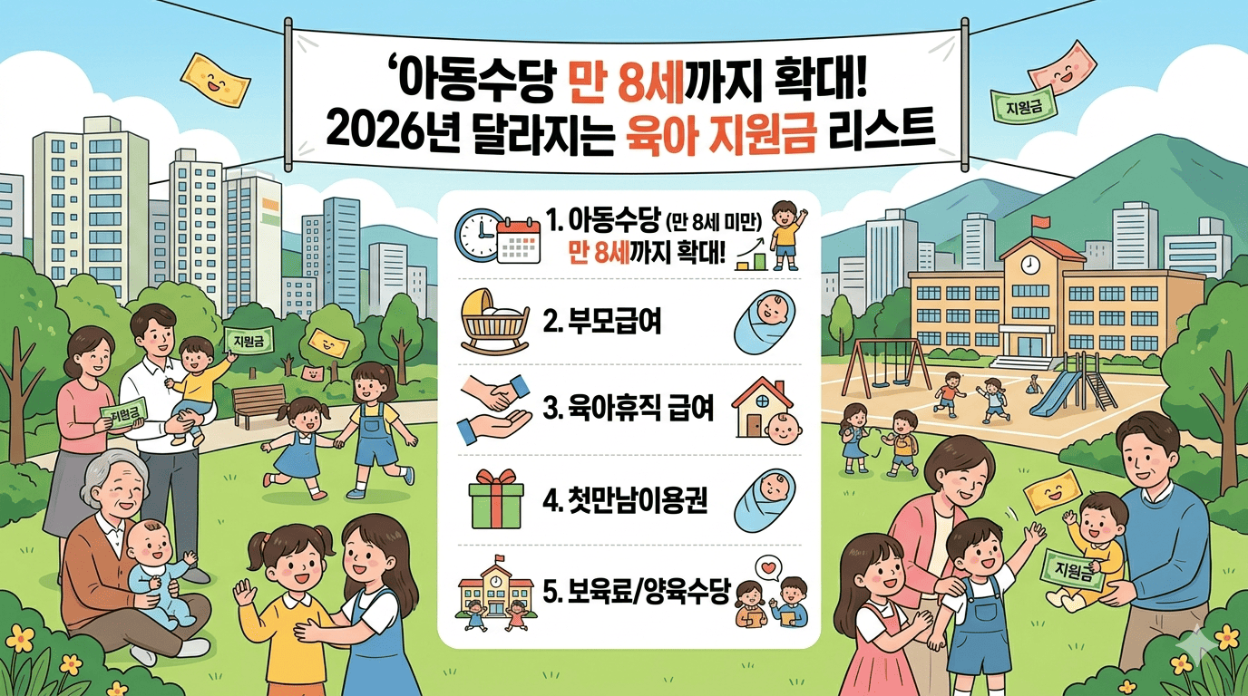 2026년부터 달라지는 육아 지원금 정책을 한눈에 보여주는 인포그래픽 이미지입니다. 상단에는 '‘아동수당’ 만 8세까지 확대! 2026년 달라지는 육아 지원금 리스트'라는 제목이 현수막 형태로 걸려 있습니다. 중앙에는 5가지 주요 지원금 목록이 아이콘과 함께 정리되어 있습니다. 아동수당 (만 8세 미만)": 시계, 달력, 성장하는 아이 아이콘과 함께 "만 8세까지 확대!"라는 문구가 강조되어 있습니다. 부모급여: 아기 요람과 아기 아이콘이 있습니다. 육아휴직 급여: 맞잡은 두 손과 집 아이콘이 있습니다. 첫만남이용권: 선물 상자와 아기 아이콘이 있습니다. 보육료/양육수당: 유치원 건물과 아이들 아이콘이 있습니다. 배경으로는 아파트 단지와 학교, 공원이 어우러진 평화로운 마을 풍경이 그려져 있습니다. 왼쪽에는 여러 세대의 가족이 모여 행복해하는 모습이, 오른쪽에는 학교 운동장에서 아이들이 뛰어노는 모습이 보입니다. 이미지 곳곳에는 날아다니는 지폐(지원금) 아이콘이 배치되어 풍요로운 육아 환경을 시각적으로 표현하고 있습니다.