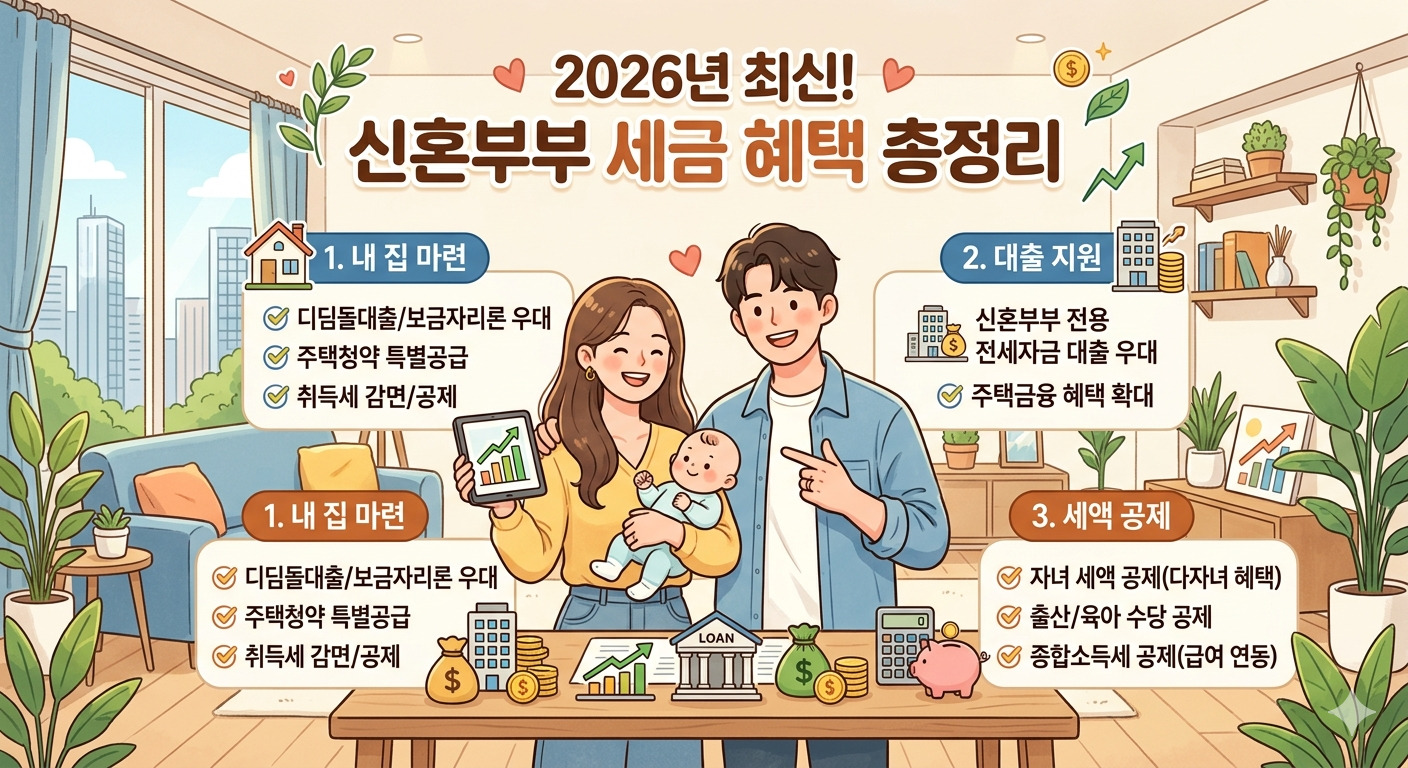 "2026년 최신 신혼부부 세금 혜택 총정리"라는 문구와 함께, 밝게 웃고 있는 신혼부부와 아기가 거실에 있는 일러스트입니다. 내 집 마련을 위한 취득세 감면, 대출 지원 우대, 그리고 자녀 및 출산 관련 세액 공제 등 주요 세금 혜택 항목들이 체크리스트 형태로 깔끔하게 정리되어 있으며, 주변에는 저금통, 계산기, 집 모양 아이콘이 배치되어 희망찬 경제 계획의 느낌을 줍니다.
