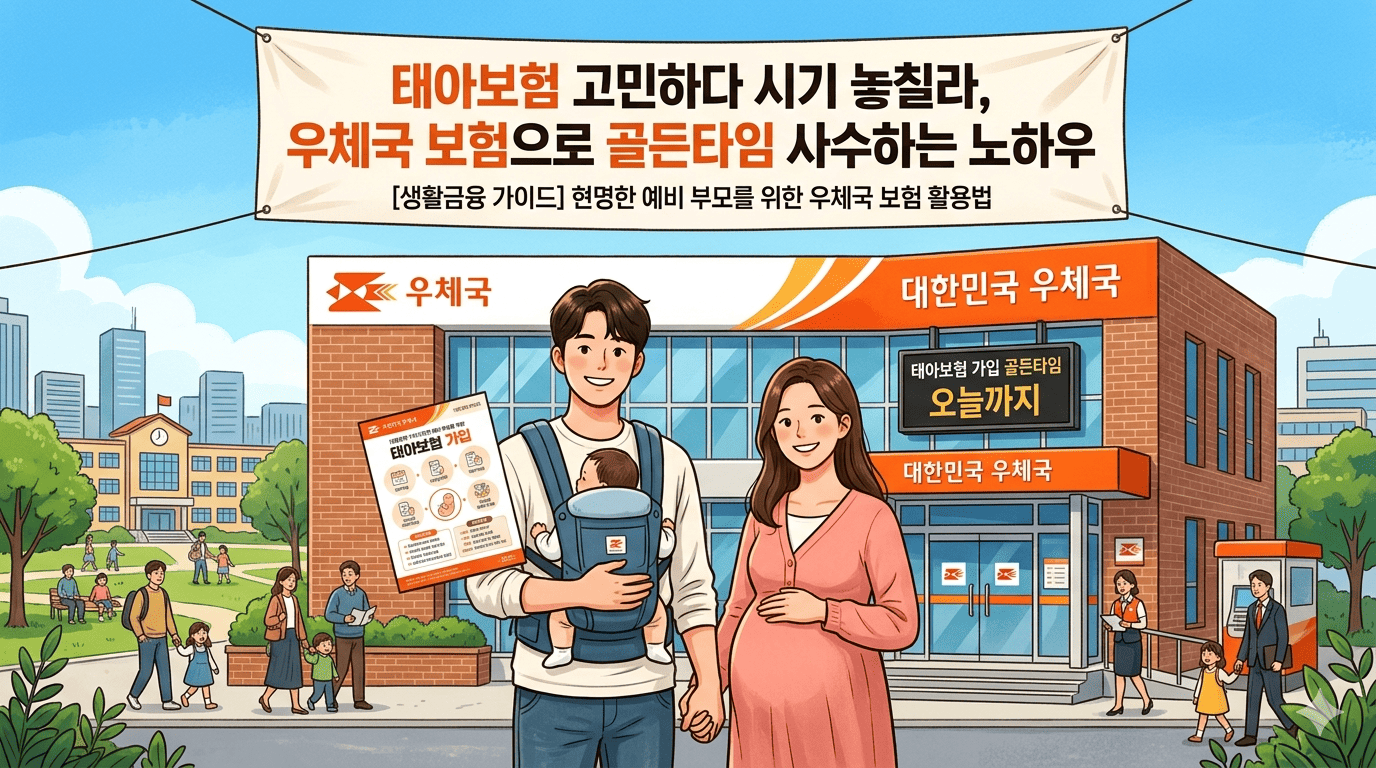 우체국 앞에서 행복하게 웃고 있는 예비 부부의 모습을 담은 따뜻한 일러스트 이미지입니다. 이미지 상단에는 큰 현수막 형태로 "태아보험 고민하다 시기 놓칠라, 우체국 보험으로 골든타임 사수하는 노하우"라는 메인 타이틀과 "[생활금융 가이드] 현명한 예비 부모를 위한 우체국 보험 활용법"이라는 부제가 적혀 있습니다. 전면에는 임신한 아내의 배를 다정하게 감싸고 있는 남편이 아기띠를 메고 있습니다. 부부의 뒤편으로는 '대한민국 우체국' 건물과 상징적인 '제비' 로고가 보이며, 건물 전광판에는 "태아보험 가입 골든타임 오늘까지"라는 문구가 떠 있어 시급성을 강조합니다. 남편의 앞에는 "태아보험 가입" 혜택과 정보를 담은 안내판이 서 있고, 오른쪽 하단에는 우체국 직원과 다른 고객, 아이들의 모습이 평화로운 일상 풍경으로 그려져 있습니다. 전체적으로 '태아보험' 가입을 고민하는 부모들에게 우체국 보험이 현명한 대안임을 보여주는 이미지입니다.