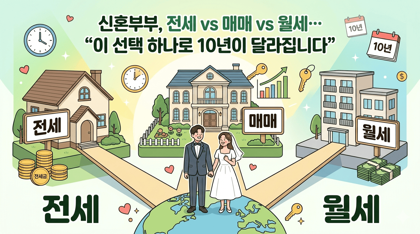 파스텔톤의 화사한 일러스트로 그려진 블로그 대표 이미지입니다. 상단에는 "신혼부부, 전세 vs 매매 vs 월세... '이 선택 하나로 10년이 달라집니다'"라는 문구가 적혀 있습니다. 이미지 중앙에는 지구 위에 서 있는 신혼부부 커플이 세 갈래 길 앞에 서서 고민하는 모습이 보입니다. 왼쪽 길은 '전세' 표지판이 있는 단독주택으로 연결되며 주변에 금화와 '전세금' 봉투가 놓여 있습니다. 가운데 길은 '매매' 표지판이 있는 고급스러운 저택으로 연결되며 열쇠와 상승하는 그래프가 함께 그려져 있습니다. 오른쪽 길은 '월세' 표지판이 있는 현대적인 아파트로 연결되며 현금 뭉치가 쌓여 있습니다. 배경에는 시계, 달력, 별, 하트 아이콘 등이 배치되어 시간의 흐름과 중요한 선택임을 시각적으로 보여줍니다.