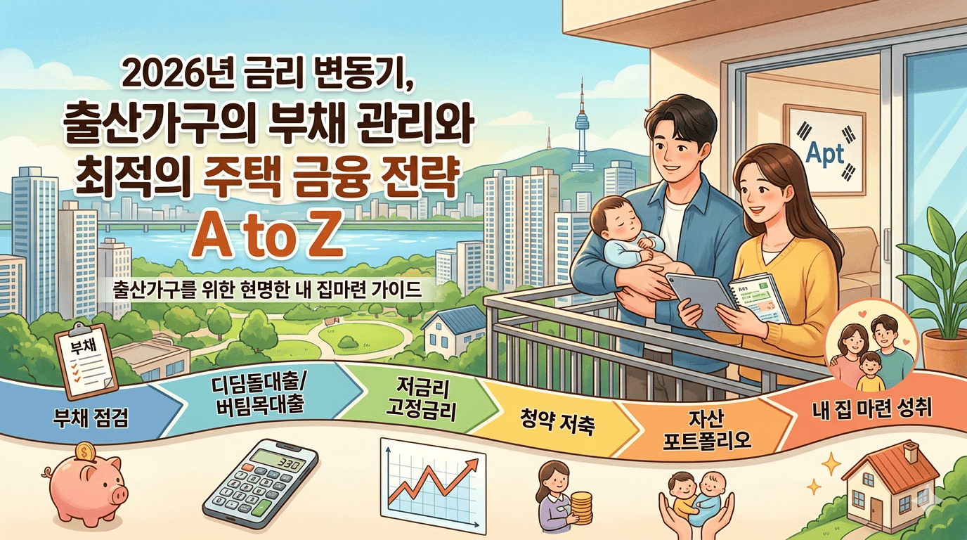 2026년 금리 변동기, 출산가구를 위한 부채 관리와 최적의 주택 금융 전략을 설명하는 인포그래픽 이미지입니다. 상단에는 "2026년 금리 변동기, 출산가구의 부채 관리와 최적의 주택 금융 전략 A to Z"라는 제목과 "출산가구를 위한 현명한 내 집 마련 가이드"라는 부제가 적혀 있습니다. 이미지 오른쪽에는 한복을 입은 아기를 안고 있는 젊은 부부가 태블릿을 보며 웃고 있습니다. 배경으로는 남산서울타워가 보이는 서울 도시 전경과 아파트 단지들이 펼쳐져 있습니다.