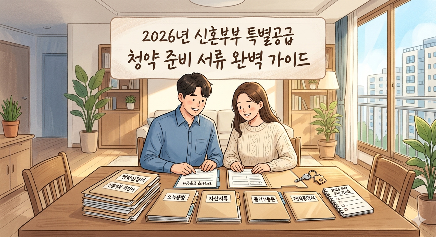 2026년 신혼부부 특별공급 당첨을 목표로 청약 서류를 꼼꼼히 준비하는 젊은 부부의 따뜻한 일러스트입니다. 테이블 위에는 '청약신청서', '소득증빙', '자산서류' 등 특별공급 자격 검증에 필수적인 서류들이 쌓여 있으며, 부부는 희망찬 표정으로 서류를 확인하고 있습니다. 이미지 상단에는 '2026년 신혼부부 특별공급 청약 준비 서류 완벽 가이드'라는 제목이 명시되어 있어, 특공 준비생들을 위한 유익한 정보를 담고 있음을 직관적으로 보여줍니다.