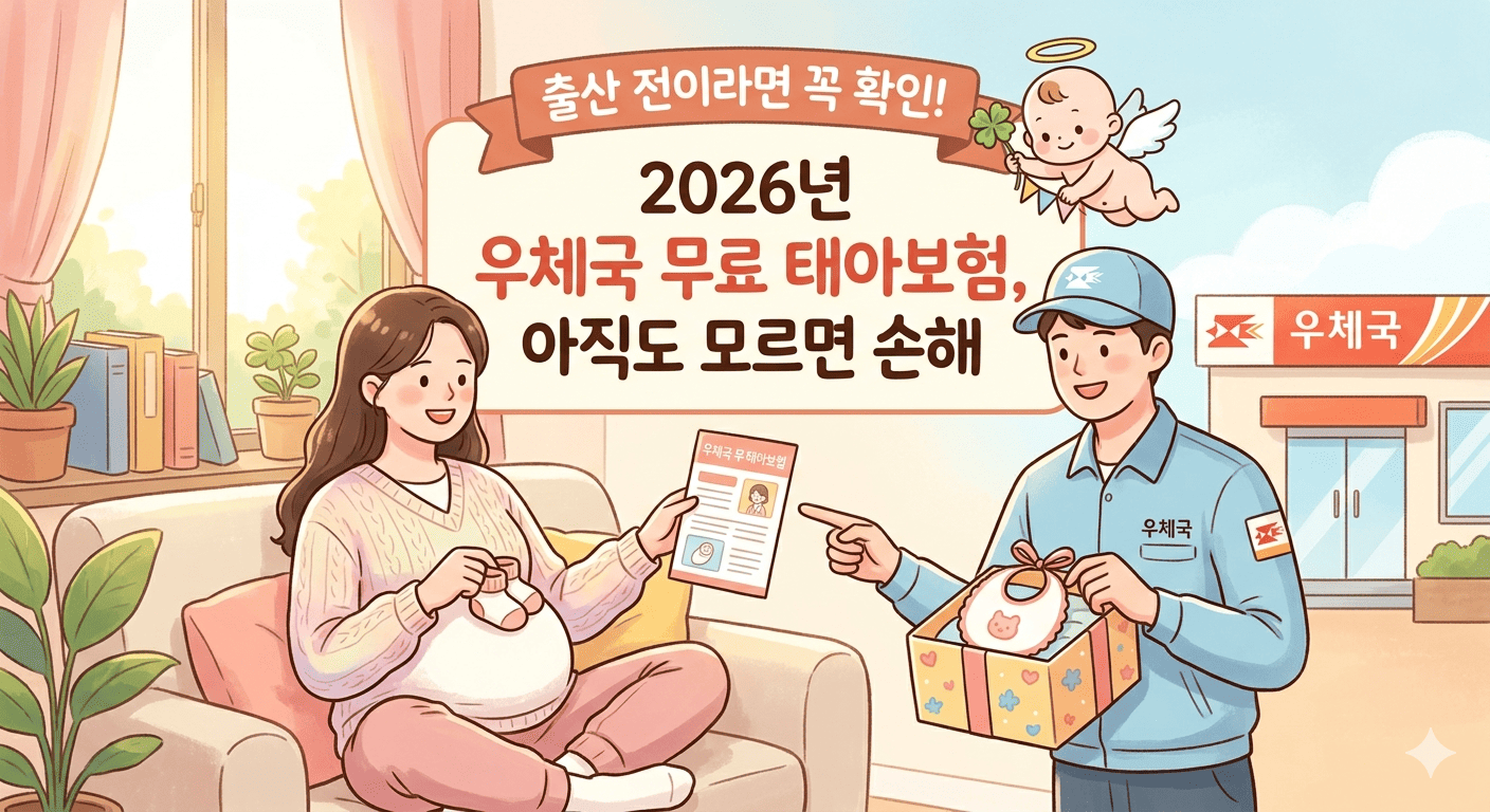 태아보험 가입을 권유하는 따뜻한 일러스트 이미지입니다. 집 안 거실을 배경으로 만삭의 임산부가 소파에 앉아 아기 신발을 들고 행복한 표정을 짓고 있습니다. 그 맞은편에는 미소를 띤 집배원이 '우체국' 로고가 새겨진 근무복을 입고 서 있습니다. 집배원은 아기 턱받이가 담긴 선물 상자를 들고, 다른 한 손으로는 임산부가 든 '우체국 태아보험' 안내장을 가리키고 있습니다. 두 사람 사이 상단에는 "출산 전이라면 꼭 확인!", "2026년 우체국 무료 태아보험, 아직도 모르면 손해"라는 문구가 적힌 커다란 안내판이 떠 있습니다. 안내판 오른쪽 상단에는 네잎클로버를 든 천사 아기가 날아다니고 있고, 배경으로는 창문 너머로 햇살과 '우체국' 간판이 보입니다. 전체적으로 포근하고 희망찬 분위기의 삽화입니다.