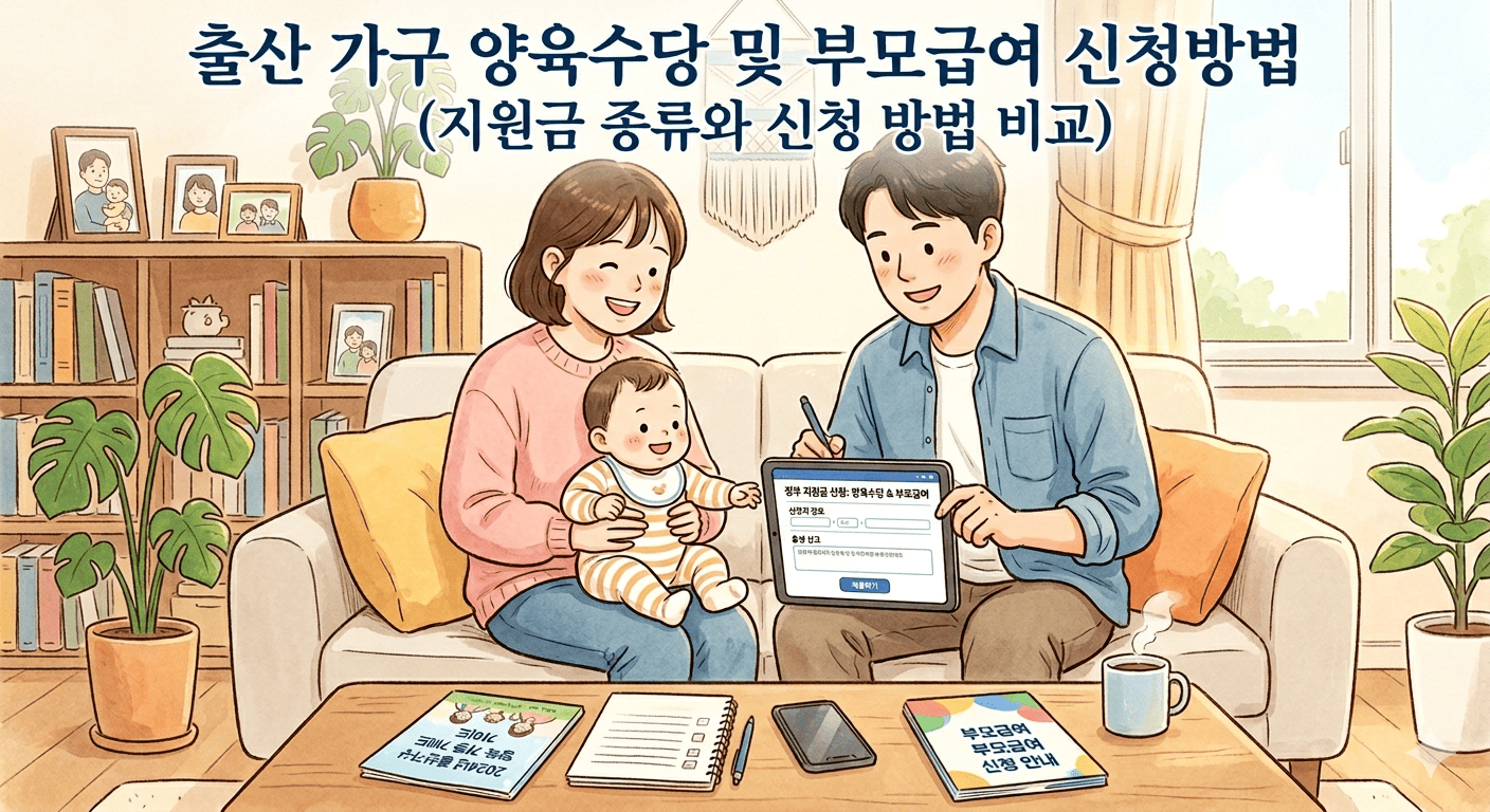 따뜻하고 화목한 분위기의 거실 소파에 앉아 있는 젊은 부부와 아기의 모습이 담긴 일러스트입니다. 아버지는 태블릿 PC를 사용해 온라인으로 지원금을 신청하고 있으며, 어머니는 품에 안긴 아기를 다정하게 바라보고 있습니다. 이미지 상단에는 '출산 가구 양육수당 및 부모급여 신청방법 (지원금 종류와 신청 방법 비교)'라는 문구가 적혀 있으며, 거실 테이블 위에는 관련 안내 책자와 메모장이 놓여 있어 복지 혜택을 꼼꼼히 확인하고 신청하는 상황을 표현하고 있습니다.