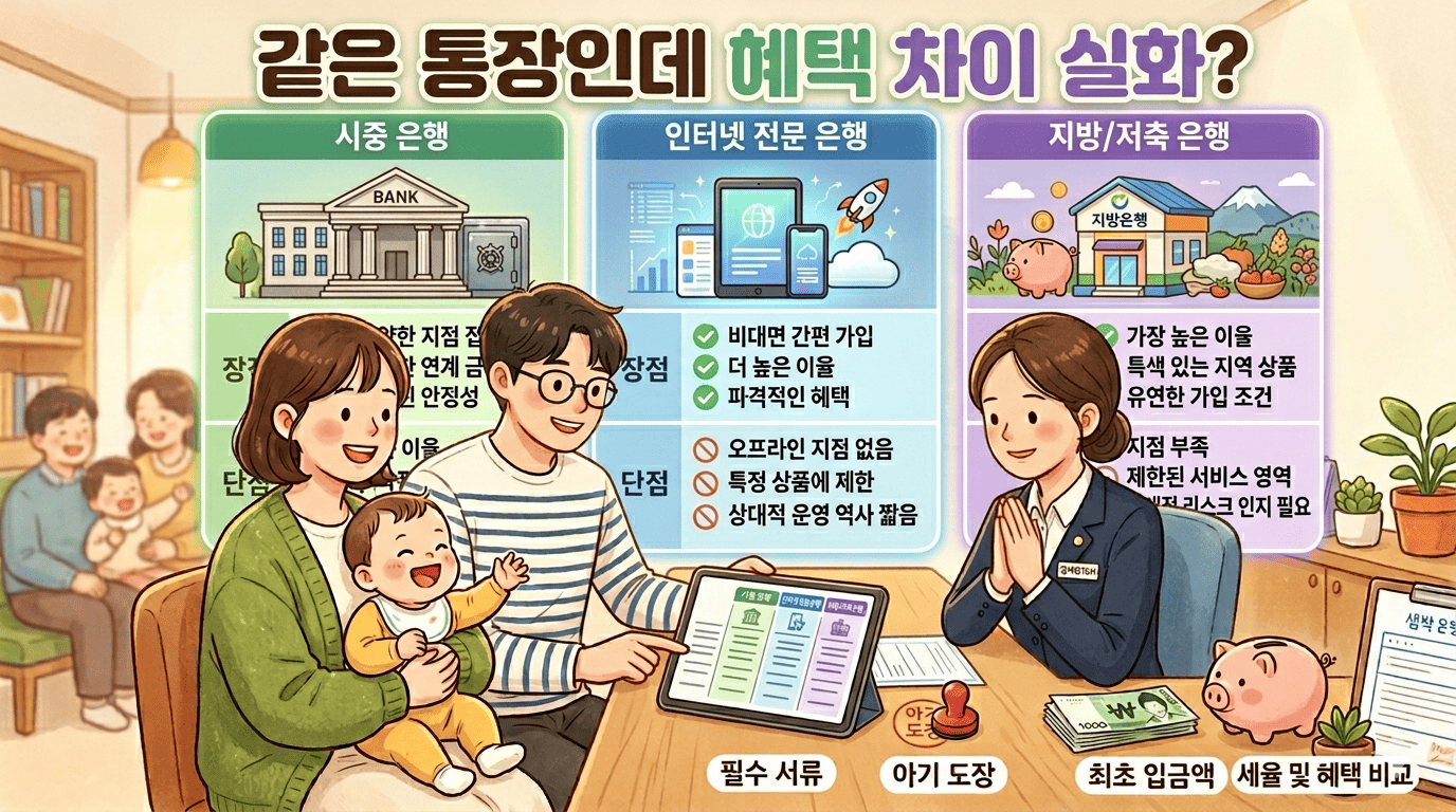 아이 통장 은행 선택을 고민하는 부모를 위해 시중 은행, 인터넷 전문 은행, 지방 및 저축 은행별 장단점을 비교 분석한 인포그래픽 이미지. 시중 은행은 접근성과 안전성이 장점이지만 낮은 이율이 단점이며, 인터넷 전문 은행은 비대면 가입과 높은 이율이 장점이지만 오프라인 지점이 없다는 단점이 있다. 지방 및 저축 은행은 가장 높은 이율이 장점이지만 지점 부족이 단점으로 꼽힌다. 하단에는 필수 서류, 아기 도장, 최초 입금액, 세율 및 혜택 비교 등 아이 통장 개설 시 필요한 팁이 함께 안내되어 있다.
