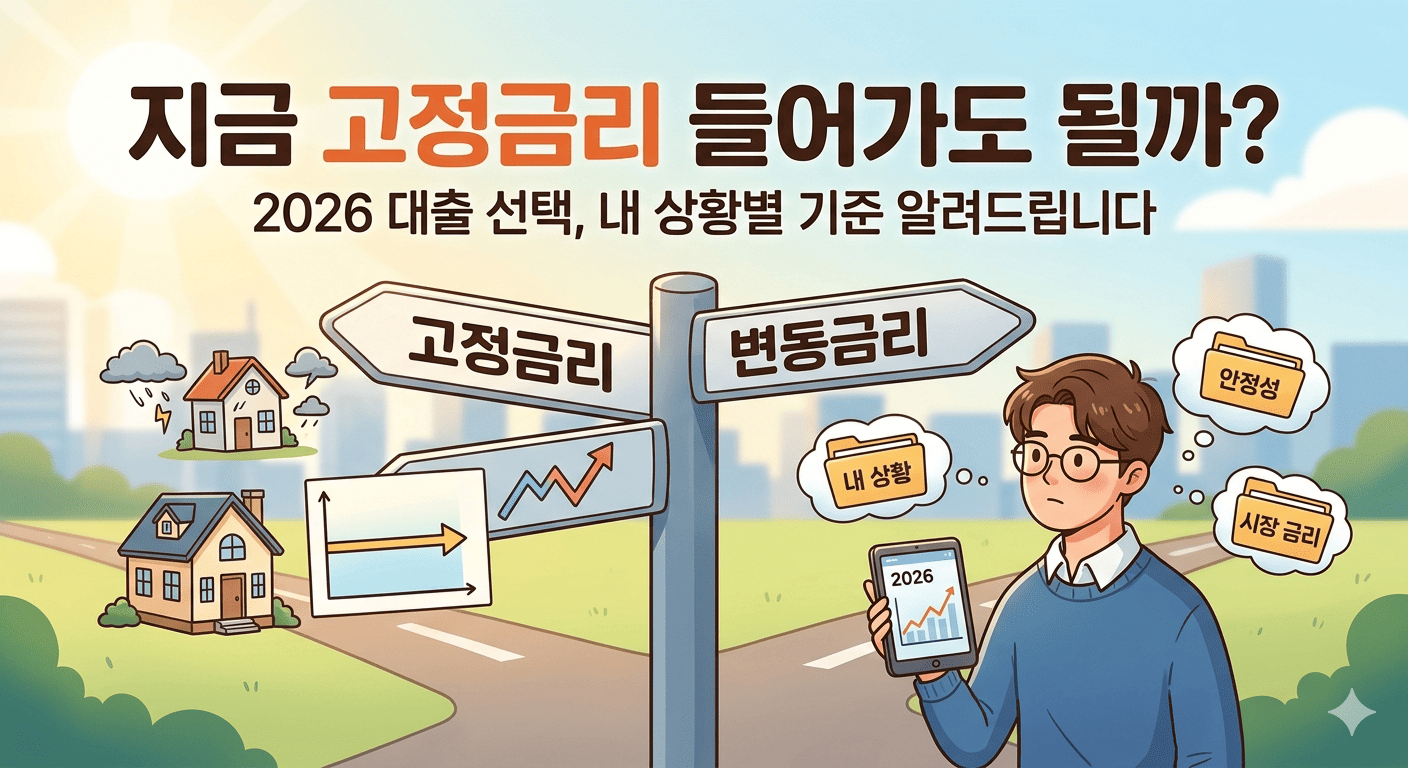 대출과 주택담보대출 금리 선택의 갈림길을 표현한 일러스트입니다. 상단에는 "지금 고정금리 들어가도 될까? 2026 대출 선택, 내 상황별 기준 알려드립니다"라는 문구가 적혀 있습니다. 갈림길에는 "고정금리"와 "변동금리"를 가리키는 표지판이 서 있고, 고정금리 쪽은 안정된 날씨의 집과 평탄한 그래프가, 변동금리 쪽은 번개가 치는 날씨의 집과 등락이 심한 그래프가 그려져 있습니다. 표지판 앞에는 한 남성이 태블릿으로 '2026' 연도와 상승하는 그래프를 보며 고민하고 있습니다. 그의 머리 위로 '내 상황', '안정성', '시장 금리'라고 적힌 생각 풍선들이 떠 있어, 유리한 대출 조건을 찾기 위해 고민하는 모습을 보여줍니다.