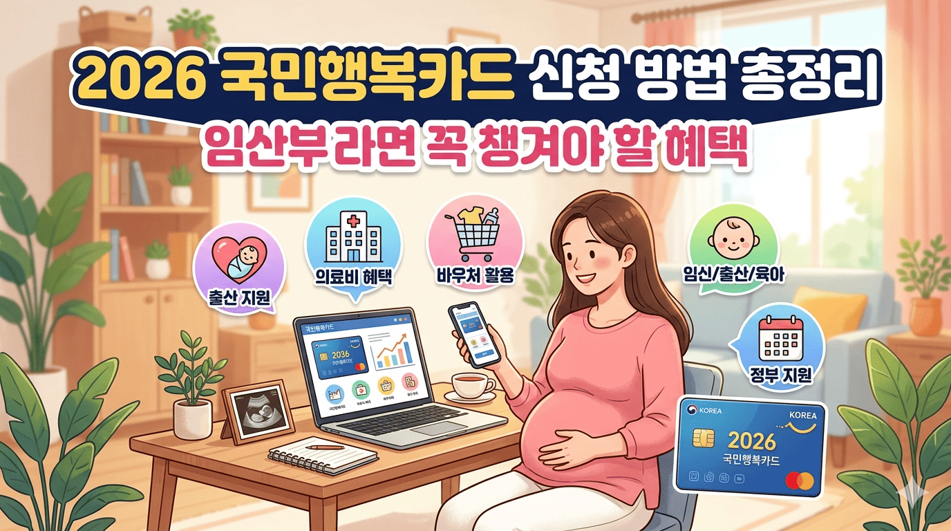 따뜻하고 아늑한 거실을 배경으로 임산부가 미소를 지으며 스마트폰과 노트북으로 정보를 확인하고 있는 일러스트 이미지입니다. 이미지 상단에는 '2026 국민행복카드 신청 방법 총정리, 임산부라면 꼭 챙겨야 할 혜택'이라는 문구가 선명하게 적혀 있습니다. 화면 곳곳에는 국민행복카드를 통해 지원받을 수 있는 출산 지원, 의료비 혜택, 바우처 활용, 임신·출산·육아, 정부 지원 등의 핵심 혜택들이 귀여운 아이콘과 함께 직관적으로 표현되어 있으며, 우측 하단에는 2026년 국민행복카드 디자인이 배치되어 있습니다.