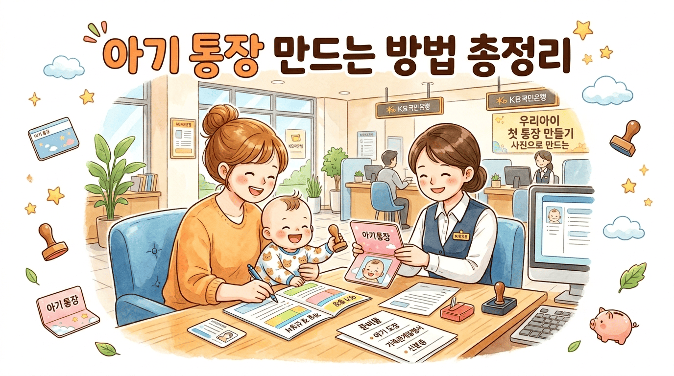 '아기 통장 만드는 방법 총정리'라는 문구가 상단에 크게 적힌 따뜻하고 아기자기한 수채화풍 일러스트. 은행 창구에서 엄마가 환하게 웃는 아기를 품에 안고 '아기 통장' 개설 신청서를 작성하고 있으며, 친절한 은행원이 아기 통장을 보여주고 있습니다. 책상 위에는 아기 도장, 가족관계증명서, 신분증 등 통장 개설에 필요한 준비물 서류들이 놓여 있습니다. 주변에는 돼지저금통, 도장, 별 아이콘이 배치되어 아늑한 분위기를 자아냅니다.