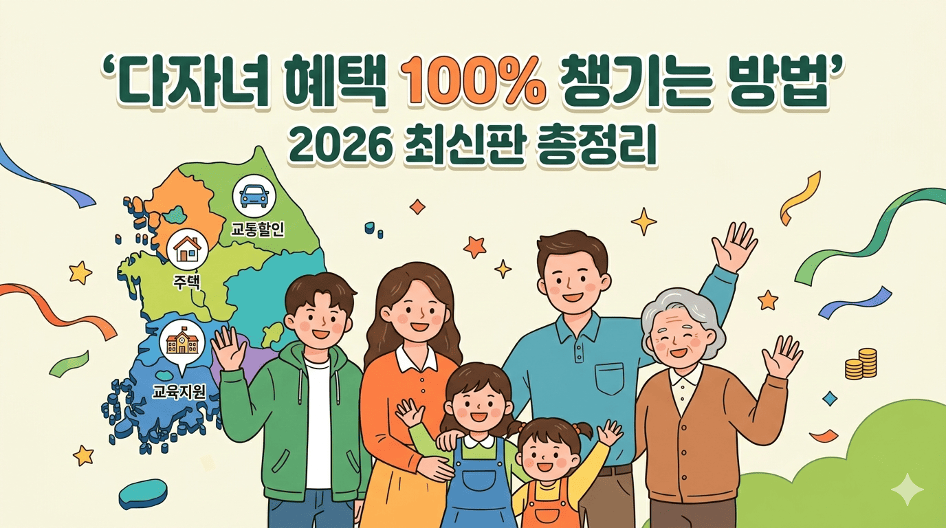 2026년 최신 다자녀 혜택 총정리 가이드 이미지. 밝게 웃고 있는 다자녀 가족 일러스트와 함께 대한민국 지도 위에 주택, 교육, 교통 할인 아이콘이 표시되어 있습니다. 상단에는 '다자녀 혜택 100% 챙기는 방법, 2026 최신판 총정리'라는 문구가 강조되어 있습니다.