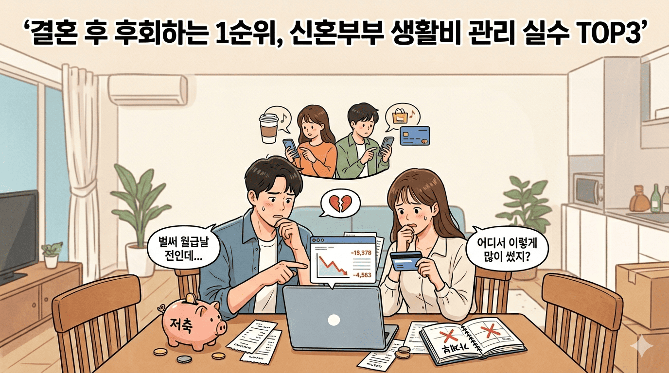 신혼부부가 거실 테이블에 앉아 노트북과 가계부를 보며 당황해하는 모습의 일러스트. '결혼 후 후회하는 1순위, 신혼부부 생활비 관리 실수 TOP3'라는 제목이 상단에 적혀 있으며, 카드 명세서와 텅 빈 저금통을 통해 효율적인 생활비 관리의 중요성을 시각적으로 표현한 사진이다.