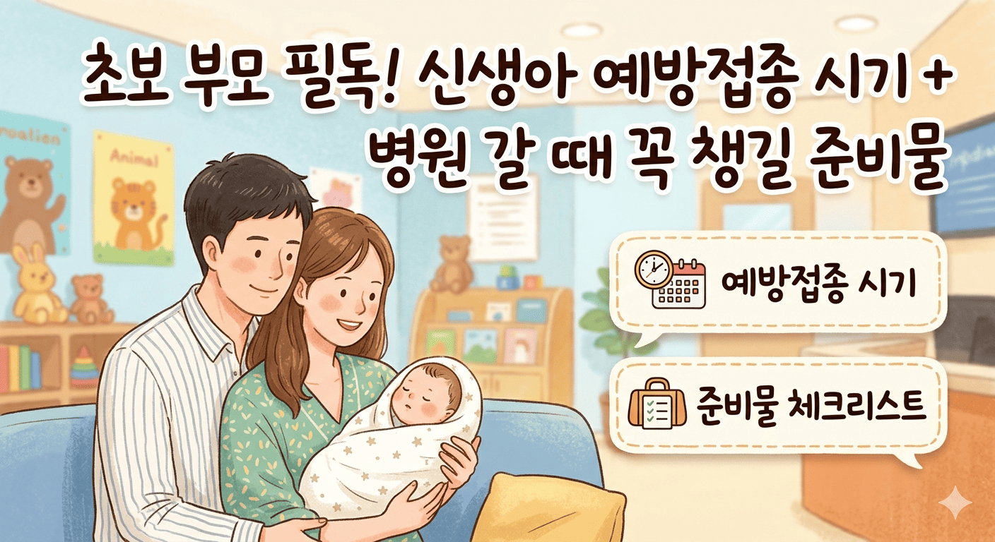 따뜻하고 부드러운 일러스트 화풍으로 그려진 소아과 병원 대기실 풍경입니다. 젊은 부부가 강보에 싸인 신생아를 소중하게 안고 미소 짓고 있으며, 배경에는 아이들을 위한 책장과 인형들이 배치되어 있습니다. 이미지 상단에는 '초보 부모 필독! 신생아 예방접종 시기 + 병원 갈 때 꼭 챙길 준비물'이라는 문구가 강조되어 있고, 우측에는 '예방접종 시기', '준비물 체크리스트'라는 안내 아이콘이 포함된 대표 사진용 이미지입니다.
