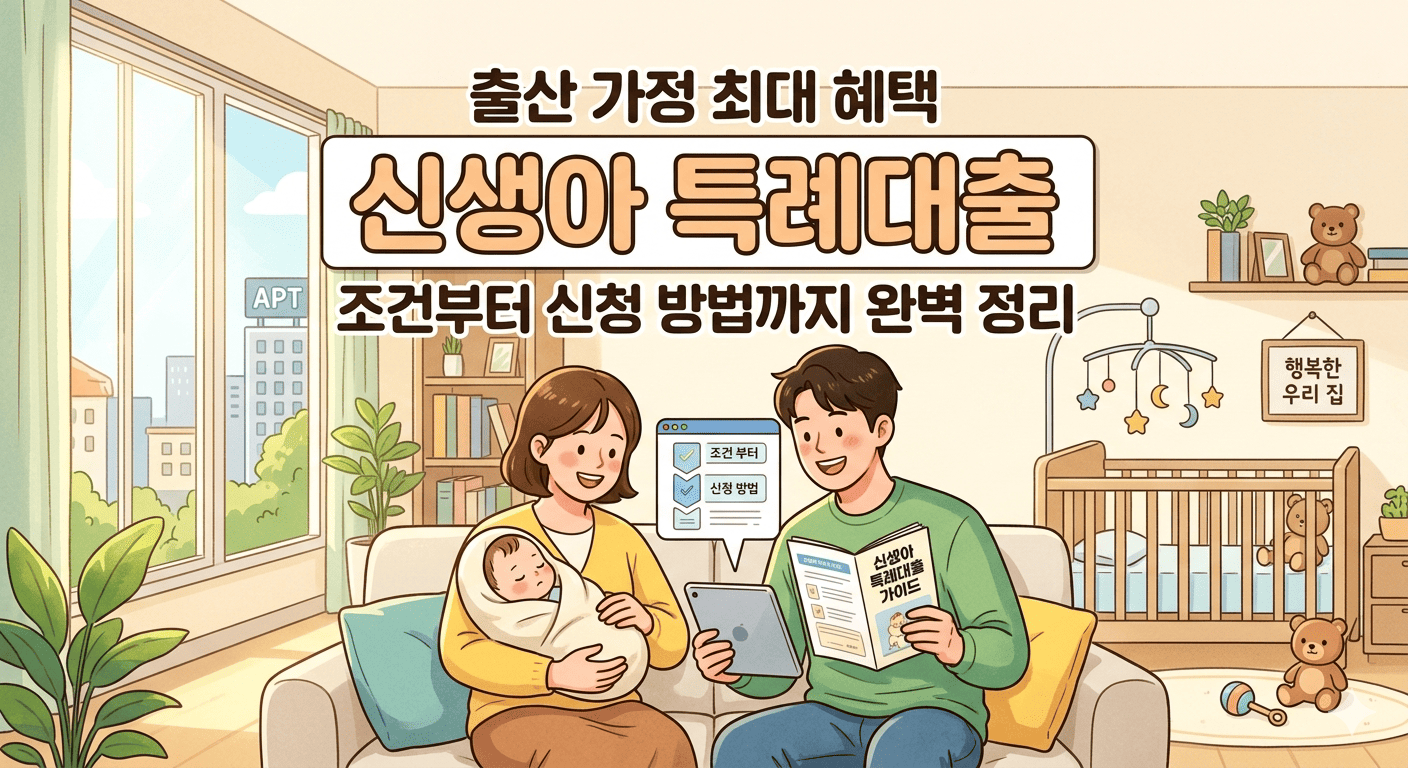 아늑한 거실 소파에 앉은 행복한 표정의 부부가 신생아를 안고 있으며, 남편은 태블릿과 '신생아 특례대출 가이드' 책자를 들고 대출 조건을 꼼꼼히 확인하고 있습니다. 배경의 창문 너머로는 아파트 단지가 보이고, 아기 침대 위에는 '행복한 우리 집' 액자가 걸려 있어 신혼부부의 내 집 마련 꿈과 안정된 삶을 상징적으로 보여줍니다. 상단에는 '출산 가정 최대 혜택', '신생아 특례대출', '조건부터 신청 방법까지 완벽 정리'라는 문구가 또렷하게 적혀 있습니다