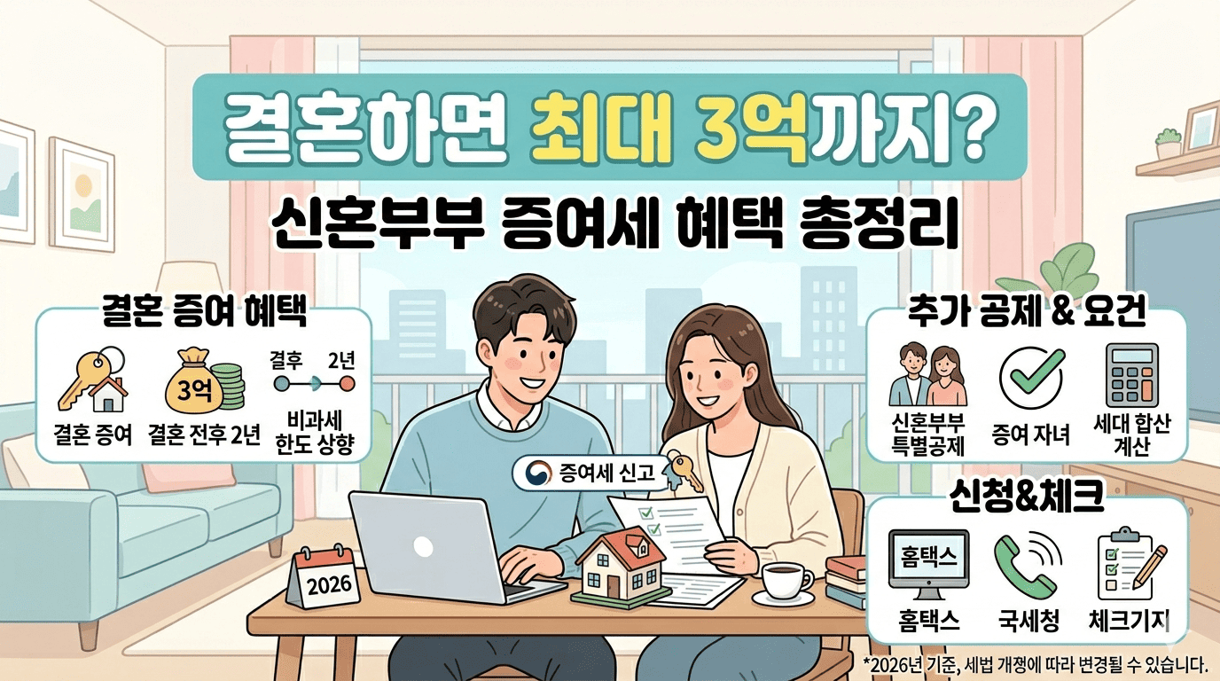 신혼부부를 위한 증여세 혜택 및 비과세 한도 상향 정보를 담은 가이드 일러스트. '결혼하면 최대 3억까지? 신혼부부 증여세 혜택 총정리'라는 제목과 함께 결혼 전후 증여 혜택, 추가 공제 요건, 홈택스를 통한 신청 방법이 아이콘으로 상세히 표현되어 있다. 중앙에는 신혼부부가 함께 관련 서류와 노트북을 확인하며 웃고 있는 모습이 담겨 있다.