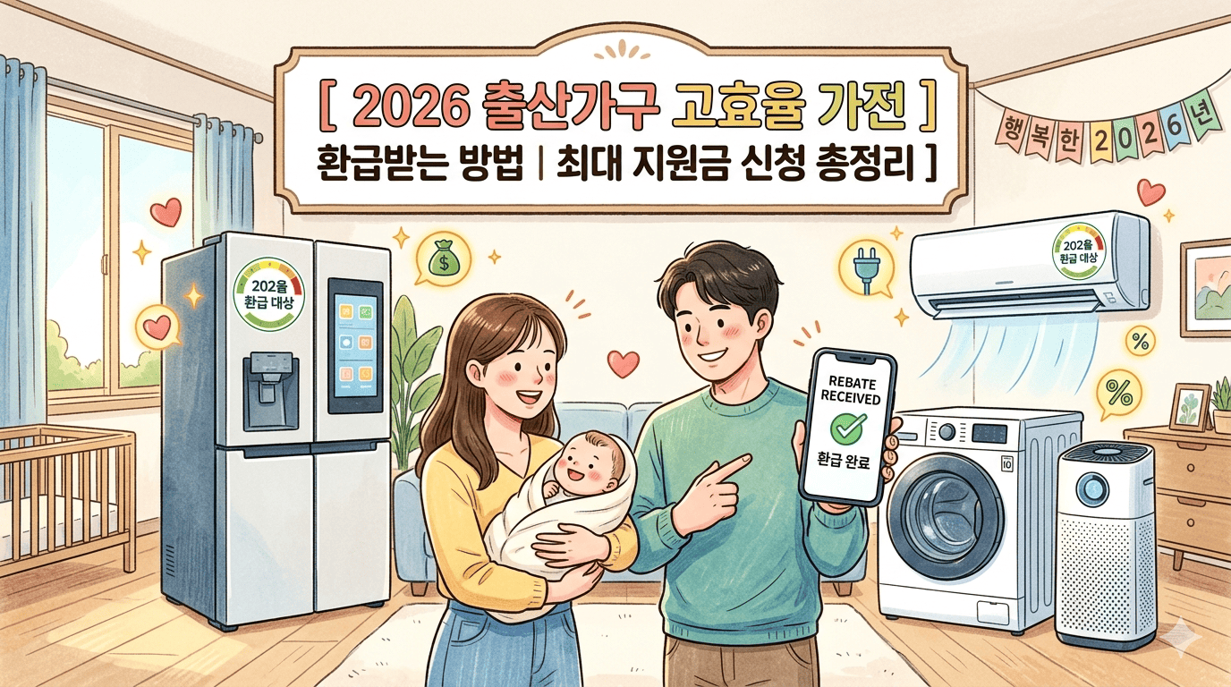 2026년 출산 가구를 대상으로 한 고효율 가전 환급 신청 방법을 안내하는 블로그 대표 이미지입니다. 아늑한 거실을 배경으로 갓난아기를 안고 있는 부부가 환급 완료 화면이 뜬 스마트폰을 보여주며 환하게 웃고 있습니다. 주변에는 환급 대상 스티커가 붙은 고효율 냉장고, 에어컨, 세탁기, 공기청정기가 배치되어 있으며, 상단에는 "[ 2026 출산가구 고효율 가전 ] 환급받는 방법 | 최대 지원금 신청 총정리"라는 타이틀 텍스트가 명확하게 적혀 있습니다.
