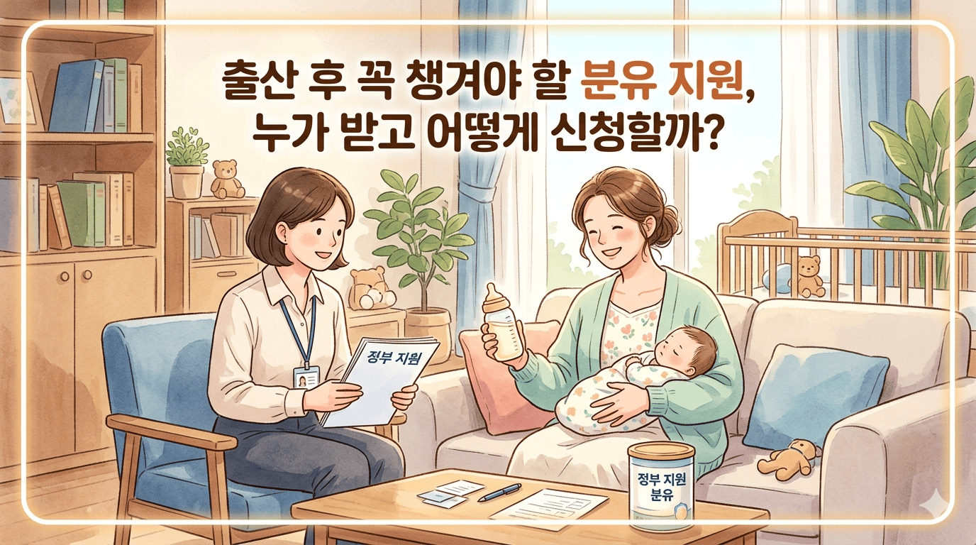 출산 후 가정의 경제적 부담을 덜어주는 분유 지원 제도에 관한 정보성 일러스트입니다. 그림 속 엄마는 밝은 표정으로 아기를 품에 안고 분유를 먹이고 있으며, 배경에는 정부 혜택을 상징하는 다양한 분유통 아이콘이 따뜻하고 희망적인 분위기로 묘사되어 있습니다.