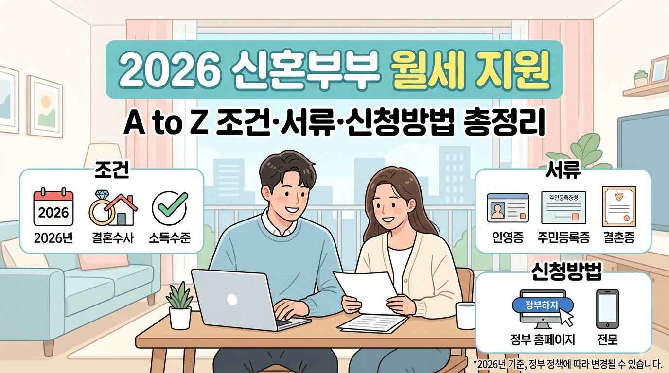 2026년 신혼부부 월세 지원 정책의 조건, 필요 서류, 신청 방법을 일목요연하게 정리한 정보형 일러스트 이미지. 노트북과 서류를 보며 웃고 있는 신혼부부의 모습과 함께 관련 픽토그램이 깔끔한 디자인으로 배치되어 있다.
