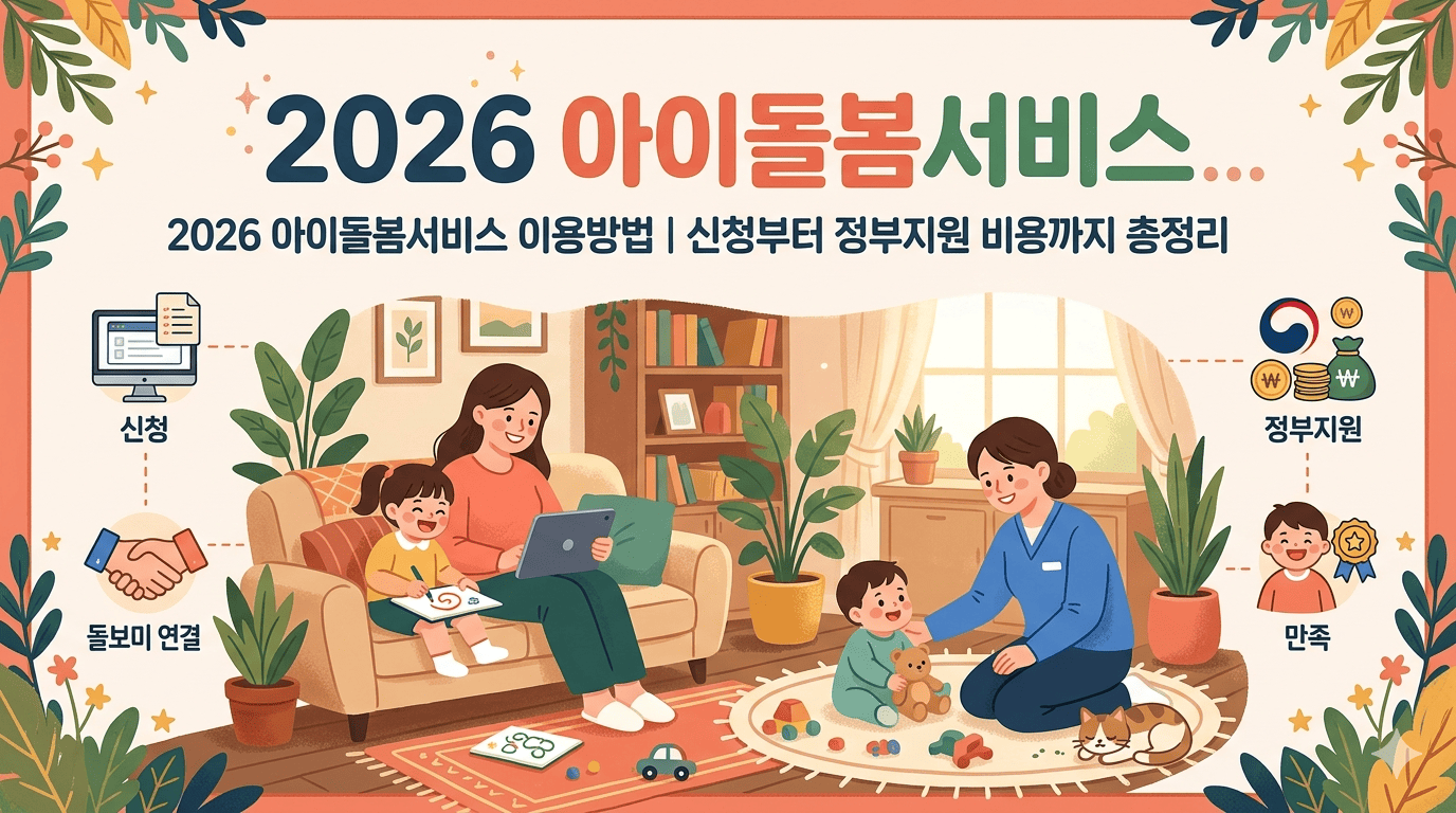 2026년 아이돌봄서비스 신청부터 정부지원 비용까지 정리된 블로그 대표 이미지. 따뜻한 분위기의 그림체로 표현된 아이돌봄 서비스 이용 과정 일러스트. 소파에 앉은 엄마와 아이, 바닥에서 아기를 돌보는 돌보미 선생님의 모습.
