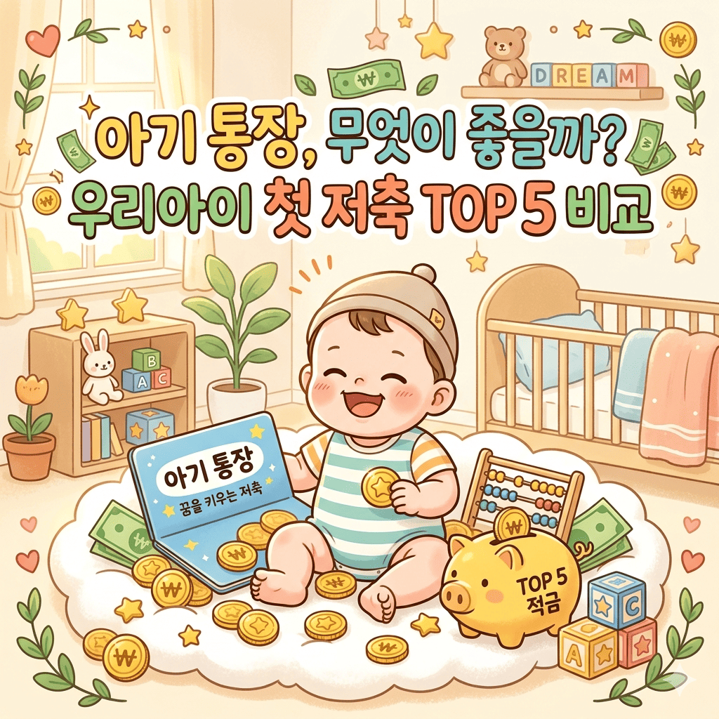 귀여운 아기가 아기방에서 미소를 지으며 동전, 돼지저금통, 통장에 둘러싸여 있는 일러스트 이미지. 돼지저금통에는 **'TOP 5 적금'**이라는 문구가 적혀 있으며, 상단에는 **'아기 통장, 무엇이 좋을까? 우리아이 첫 저축 TOP 5 비교'**라는 텍스트가 있어 아기 적금 상품 비교 글의 대표 이미지로 적합한 구성이다.