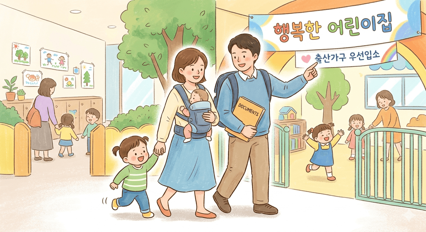 따뜻하고 포근한 수채화 풍의 그림체로 표현된 어린이집 입소 안내 이미지입니다. 앞마당에서 아이들이 즐겁게 뛰어놀고 있는 어린이집 입구로 한 부부가 어린 자녀와 함께 밝은 표정으로 들어서고 있습니다. 아버지는 서류 봉투를 들고 건물 위에 걸린 '출산가구 우선입소'라는 문구가 적힌 현수막을 가리키고 있으며, 어머니는 아기 띠를 메고 아이의 손을 잡고 있습니다. 어린이집의 다정한 분위기와 입소 준비 과정을 상징적으로 보여주는 장면입니다.