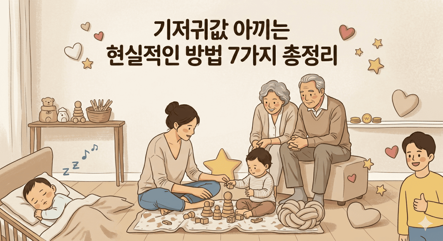 기저귀값 아끼는 현실적인 방법 7가지 총정리'라는 문구가 상단에 적힌 따뜻한 그림체의 블로그 대표 이미지입니다. 중앙에는 엄마와 아기가 바닥에 앉아 놀고 있고, 그 모습을 조부모가 미소 지으며 바라보는 따뜻한 가족의 모습이 담겨 있습니다. 좌측 하단에는 아기 침대에서 곤히 잠든 아기의 일러스트가, 우측 하단에는 엄지를 치켜세운 남성의 모습이 배치되어 있습니다. 전체적으로 포근한 베이지톤 방 안을 배경으로 하여, 기저귀 지출을 스마트하게 줄이려는 육아 가정을 응원하는 분위기를 전달합니다.