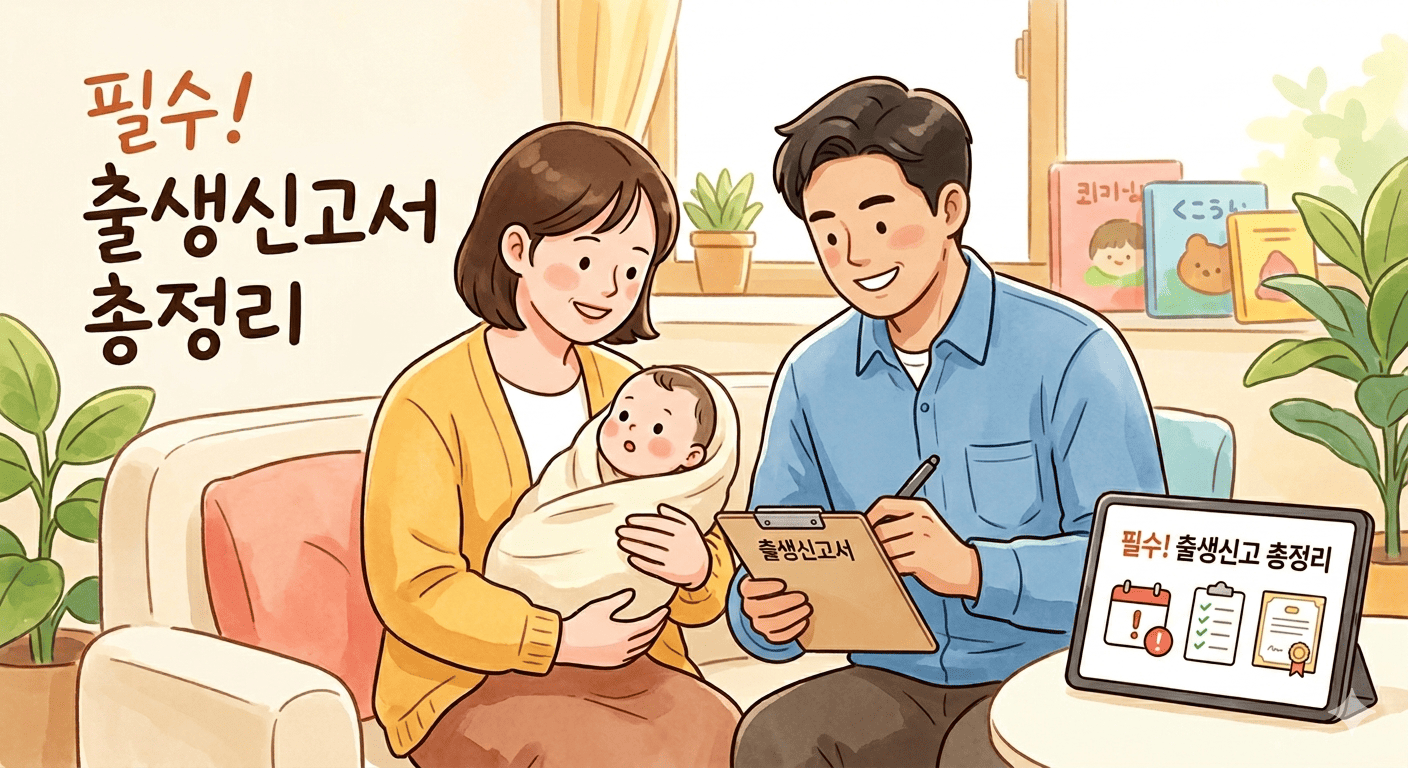 아기를 품에 안은 엄마와 출생신고 서류를 작성하며 환하게 웃고 있는 아빠의 모습을 담은 따뜻한 느낌의 일러스트입니다. 거실 배경에는 '필수! 출생신고서 총정리'라는 문구가 적힌 태블릿과 텍스트가 배치되어 있어, 신생아 부모에게 꼭 필요한 행정 절차 정보를 안내하는 친근한 분위기를 전달합니다.