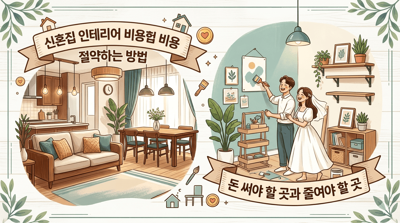 신혼집 인테리어 비용 절약하는 방법과 돈 써야 할 곳, 줄여야 할 곳을 소개하는 일러스트. 왼쪽에는 아늑한 거실과 주방 가구가 배치된 완성된 인테리어가, 오른쪽에는 신혼부부가 함께 셀프 페인팅과 소품으로 집을 꾸미는 다정한 모습이 담긴 대표 이미지