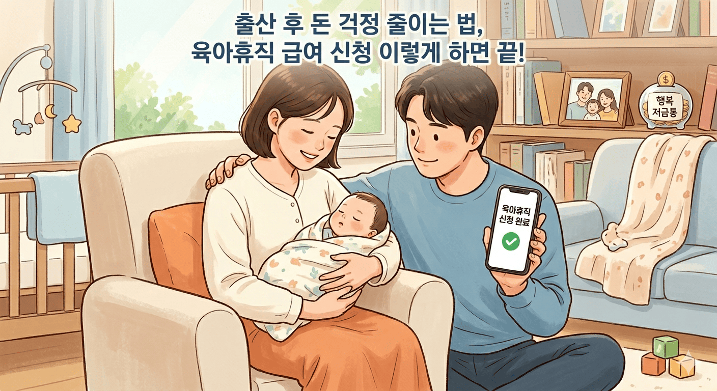 아늑한 거실에서 아기를 품에 안은 엄마와 그 옆에서 스마트폰을 보여주는 아빠의 행복한 모습이 그려져 있습니다. 아빠가 들고 있는 스마트폰 화면에는 '육아휴직 신청 완료'라는 메시지가 떠 있으며, 상단에는 **'출산 후 돈 걱정 줄이는 법, 육아휴직 급여 신청 이렇게 하면 끝!'**이라는 문구가 적혀 있습니다. 따뜻한 일러스트 화풍으로 육아휴직 급여 신청을 통해 경제적 걱정을 덜고 가족과 함께하는 소중한 시간을 시각적으로 표현하고 있습니다.