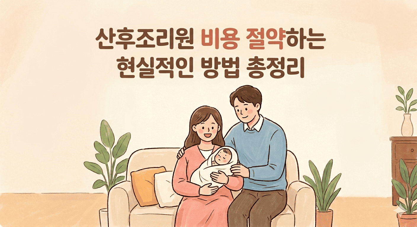 부드러운 파스텔 톤의 수채화 스타일 삽화로, 화면 중앙에는 행복한 표정의 부부가 소파에 앉아 갓 태어난 아기를 포근하게 감싸 안고 있습니다. 아버지는 푸른색 니트를, 어머니는 분홍색 원피스를 입고 있으며 아기를 사랑스럽게 바라보는 모습이 따뜻한 가정의 분위기를 자아냅니다. 화면 상단에는 갈색과 붉은색 포인트가 섞인 큰 글씨로 '산후조리원 비용 절약하는 현실적인 방법 총정리'라는 문구가 선명하게 배치되어 있습니다. 배경은 깨끗하고 밝은 베이지 톤이며, 양옆에는 초록색 관엽 식물 화분들이 놓여 있어 평온하고 안정적인 느낌을 더합니다. 전반적으로 산후조리원 비용 정보를 찾는 이들에게 신뢰감과 따뜻함을 동시에 전달하는 이미지입니다.