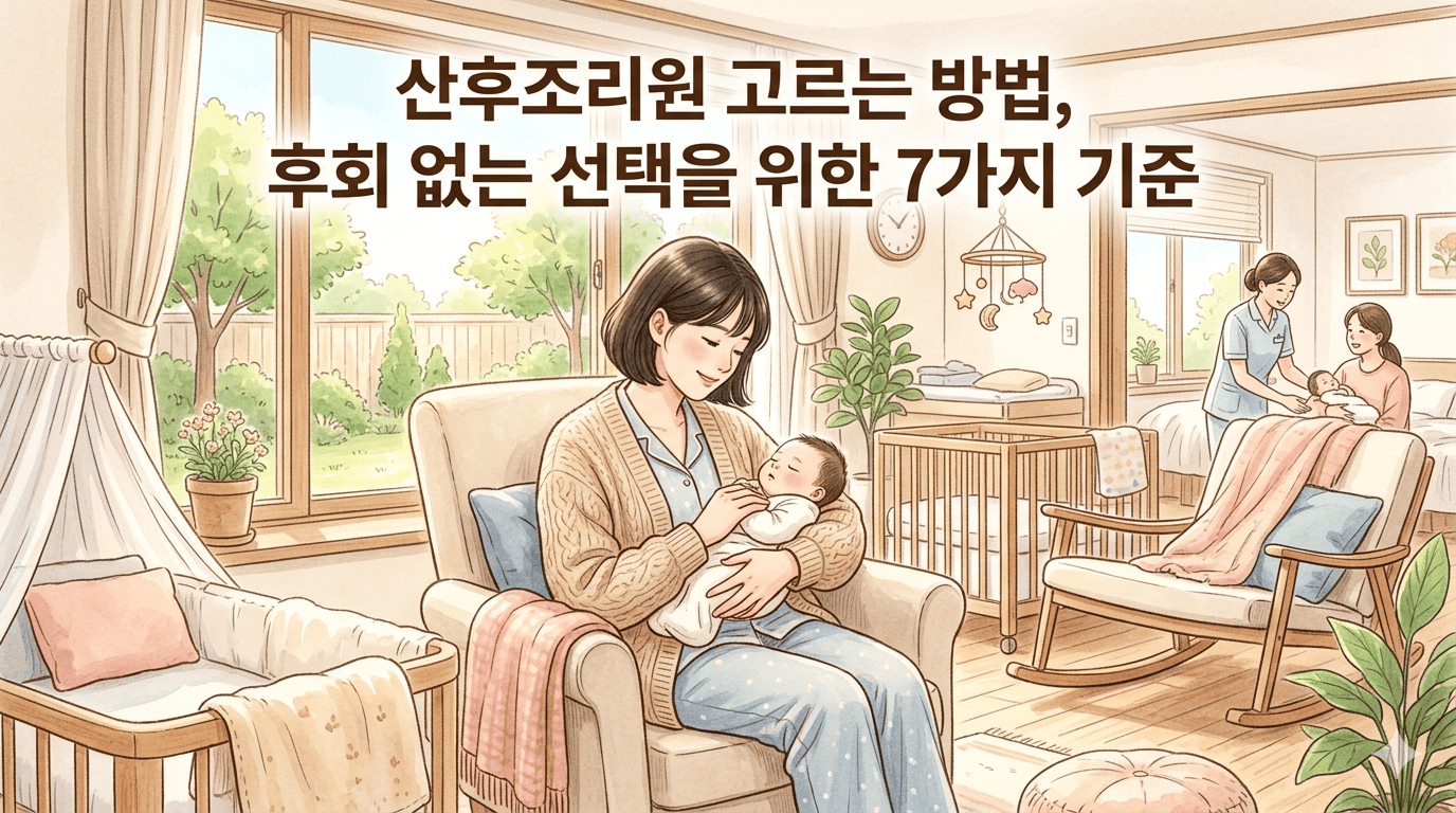 산후조리원 고르는 방법과 7가지 기준이 적힌 이미지로, 아늑하고 깨끗한 시설의 산후조리원에서 엄마가 아기를 품에 안고 행복해하는 따뜻한 일러스트