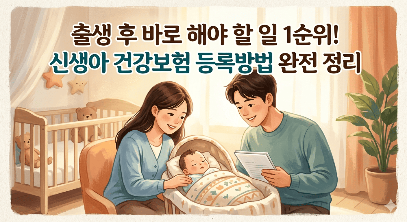 출생 후 가장 먼저 해야 할 일인 신생아 건강보험 등록 방법을 소개하는 일러스트입니다. 아늑한 아기 방에서 부모가 서류를 보며 웃고 있는 모습 위로 '출생 후 바로 해야 할 일 1순위! 신생아 건강보험 등록방법 완전 정리'라는 문구가 적혀 있어, 아기의 건강을 위한 첫걸음을 준비하는 따뜻한 분위기를 전달합니다.