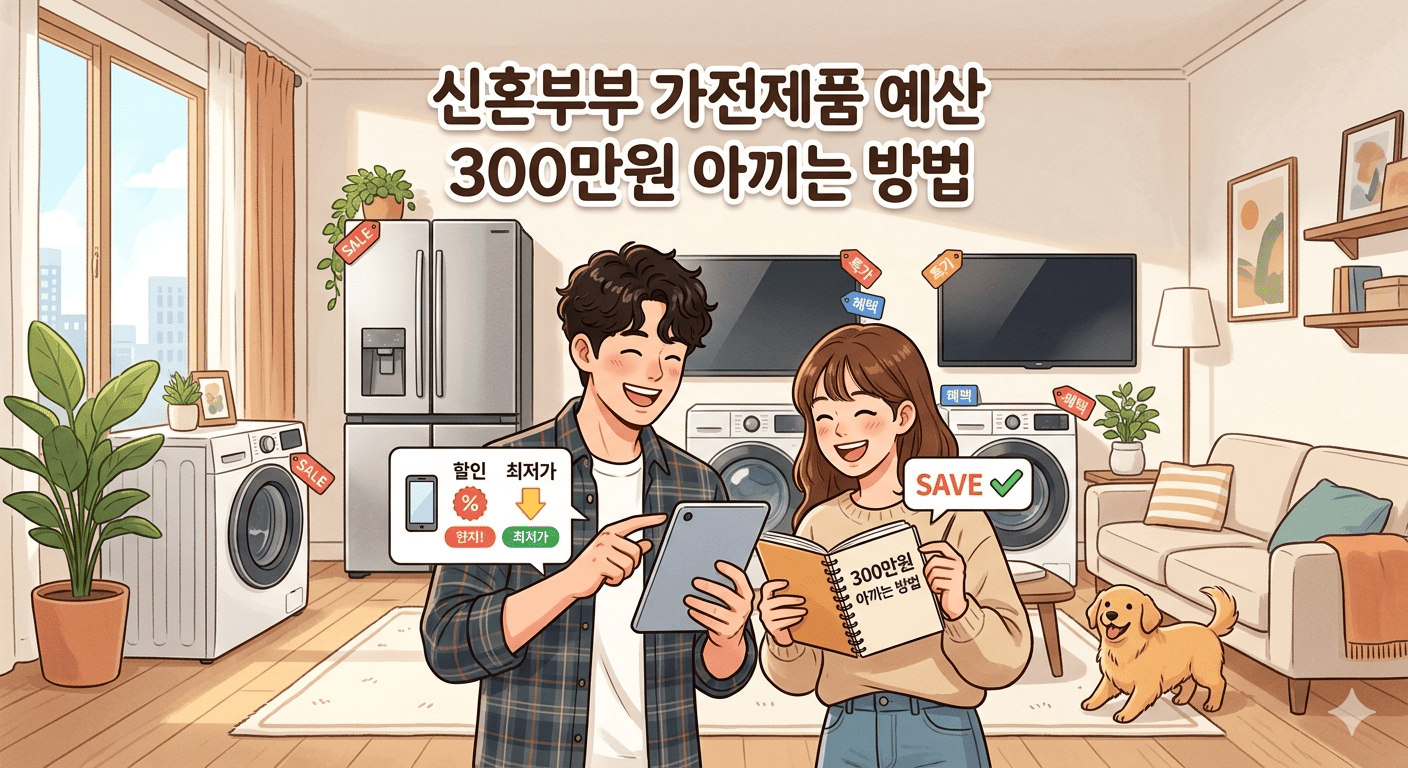 신혼부부가 거실에서 태블릿과 노트를 보며 가전제품 예산을 아끼는 방법을 찾고 있는 따뜻한 감성의 일러스트 이미지. 상단에 '신혼부부 가전제품 예산 300만원 아끼는 방법'이라는 문구가 적혀 있다.